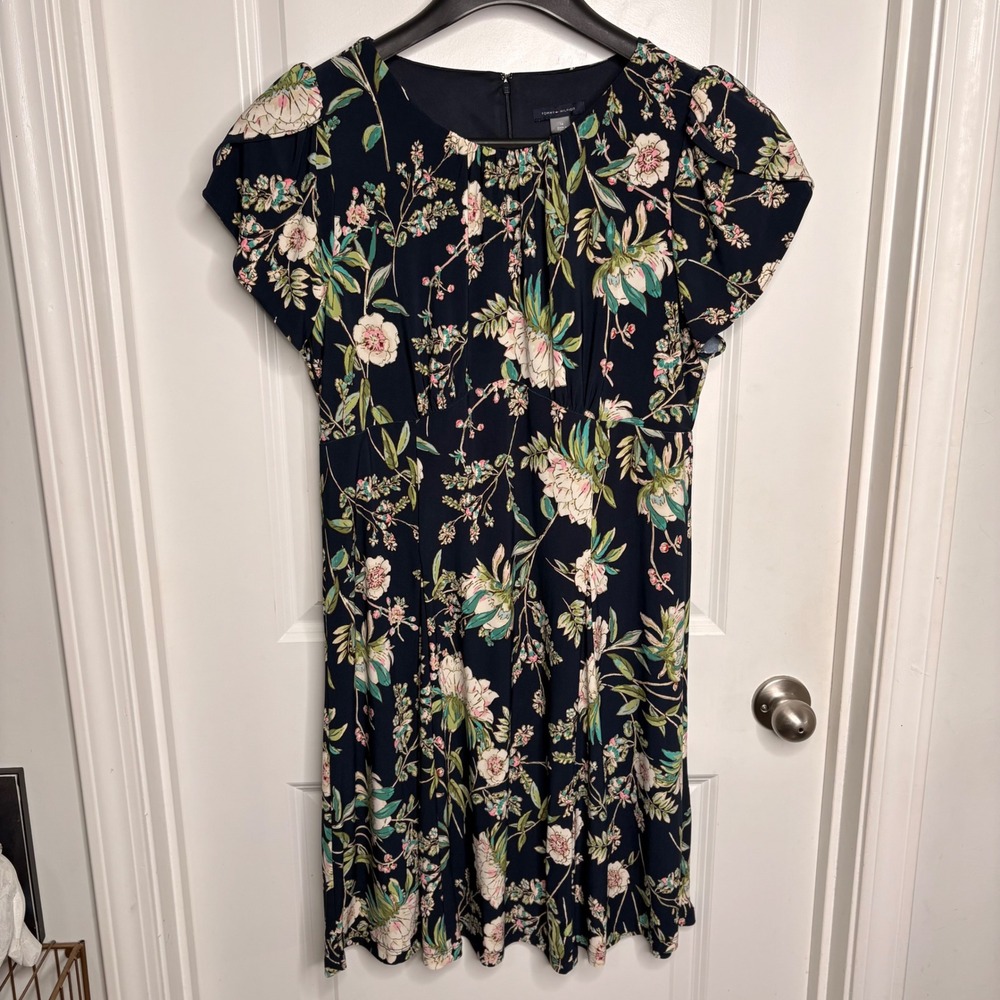 NEW Tommy Hilfiger Tulip Sleeve Navy Blue Floral‎ Empire Dress Fit-and-Flare 14
